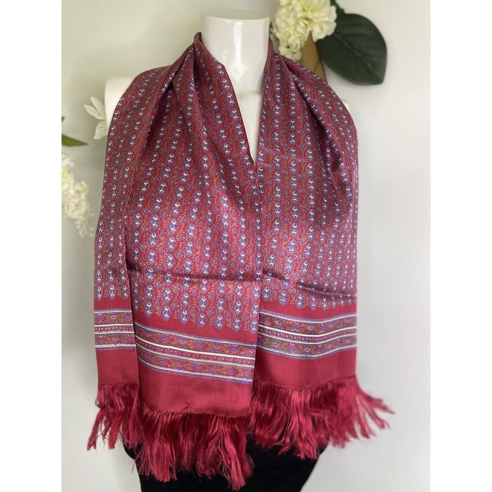 Japanese 100% Silk Fringe Vintage Red White Blue Rectangular Scarf 12"x45" NWOT - Picture 11 of 16
